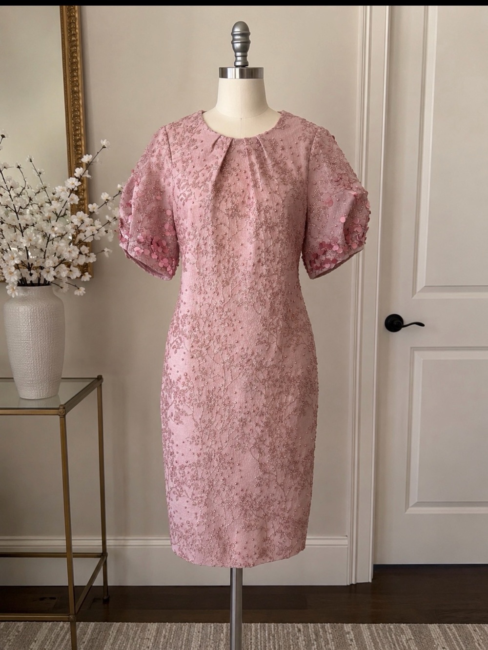 Teri Jon Pink Embellished Floral Sequin Sleeve Dress
